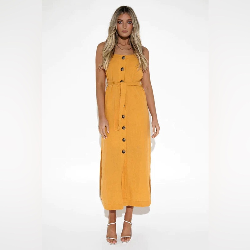 Mango Yellow Orange Cotton Gauze Lightspun Sleeveless Buttoned Sundress